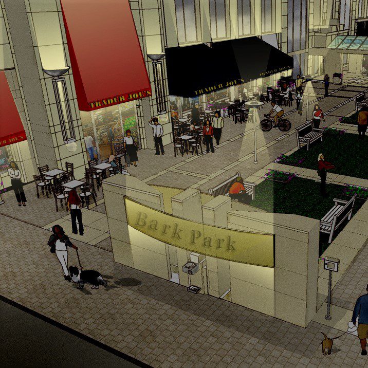 Commercial courtyard redesign shown at night